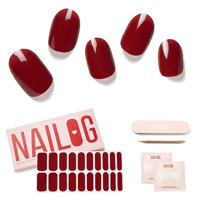 NAILOG Semi Cured Gel Nail Strips 20pcs Long Lasting Nail Polish Strips, Salon-Quality Gel Nail Sticker, Nail Art Wrap Kit with Glossy Gel Finishing│Rouge Noir