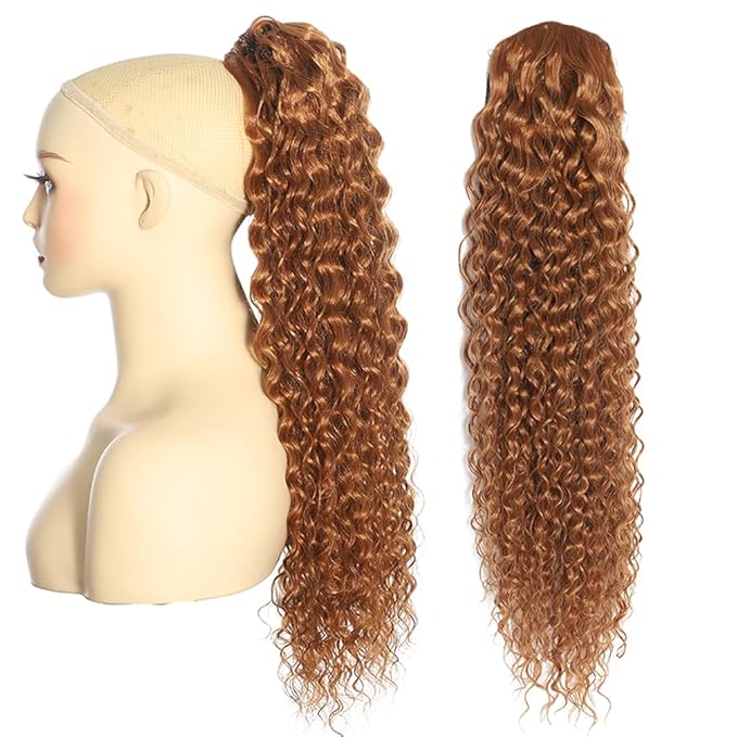 Deep Wave Ponytail Extension for Women 12 Inch Brown Curly Wavy Ponytail Hair Extensions Drawstring with Clips Short Synthetic Hairpiece for Daily and Party