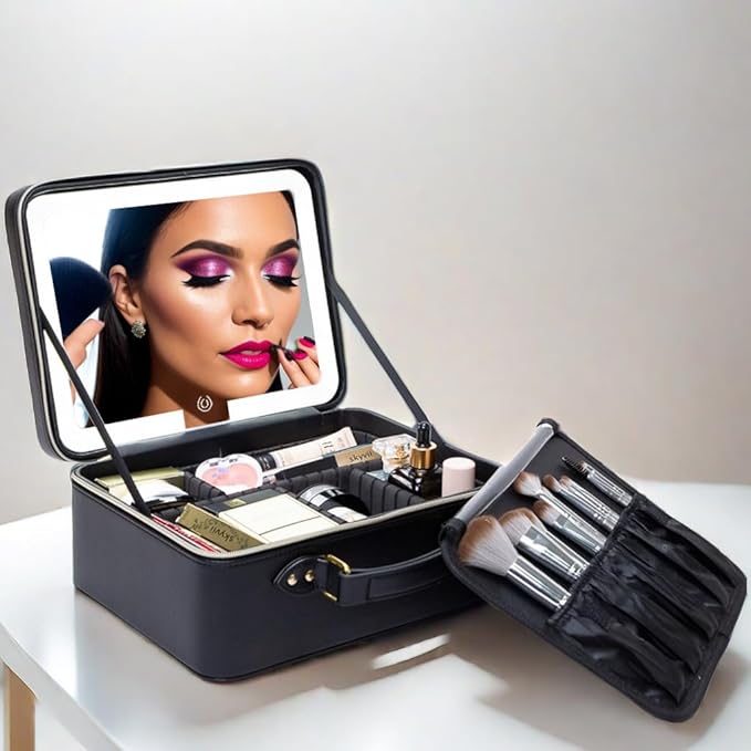 ZhenGuiRu Travle Makeup Bag with LED Mirror, Portable Makeup Artist Organizer Case with Lighted Mirror, Makeup Bag with Adjustable Dividers, Cosmetic Brush Storage Box for Women Gift