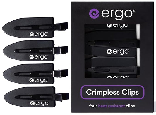 ERGO No-Crease Hair Clips – 4 Pcs Heat-Resistant Crimpless Clips for Hair Styling, Sectioning, Makeup | No Bend Clips for Women, Curls, Bangs, Salon Use