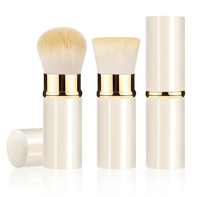 Keriloo Retractable Kabuki Makeup Brush 2 Pack, Travel Powder Foundation Makeup Brush Face Blush Brushes for Blending Liquid, Blush, Bronzer, Buffing, Sunscreen,Flawless Cosmetics