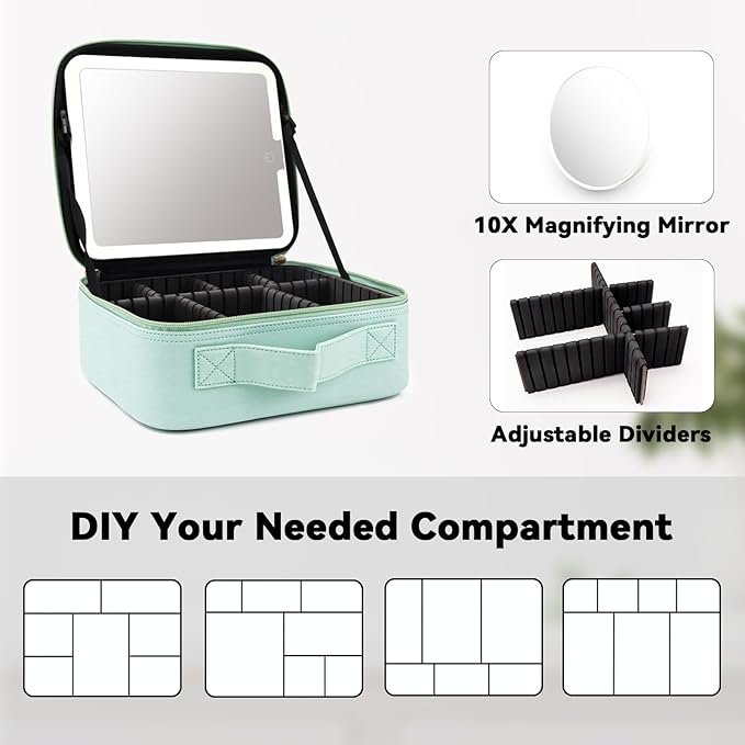 SLUMAZI Travel Makeup Bag with LED Mirror and 10x magnifying glass with 3 Lighted Settings, Adjustable Dividers and Makeup Brush Storage Bag Light Green