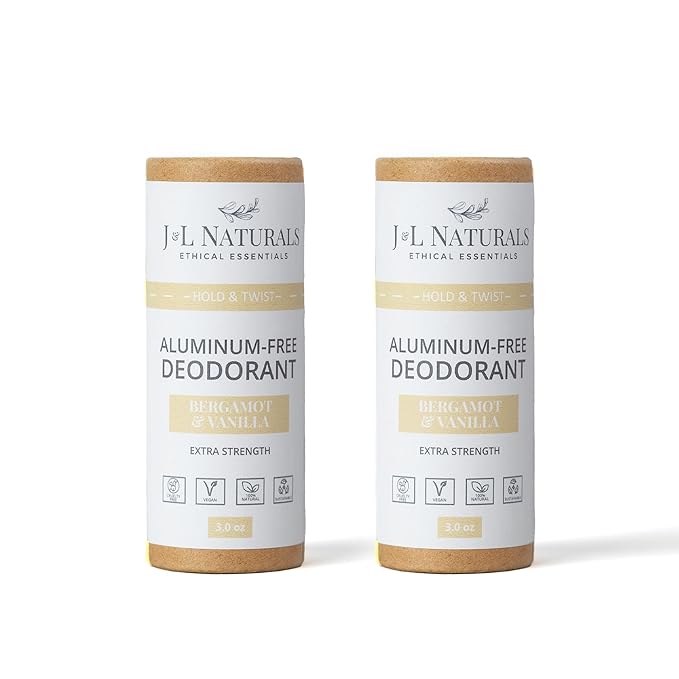 J&L Naturals Aluminum Free Deodorant for Men & Women | 100% Natural Ingredients With Coconut Oil, Shea Butter, & Essential Oils | Sustainable, Eco-Friendly (Bergamot & Vanilla, 3.0 Oz (Pack of 2))