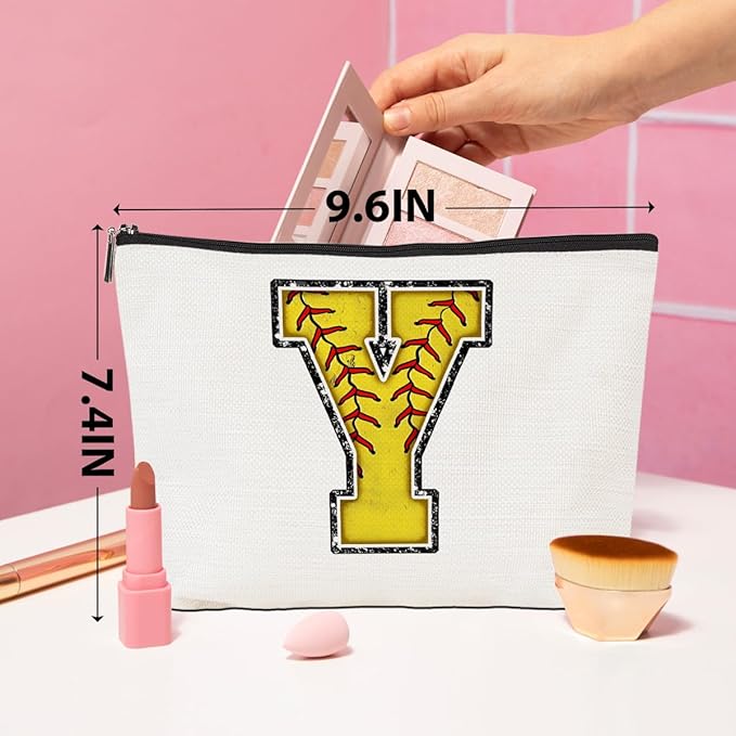 CQM Softball Gifts Initial Makeup Bag Monogrammed Cosmetic Bag Letter Y Zipper Pouch Softball Accessories for Girls Women Player Coaches Friend Graduation Birthday Gifts
