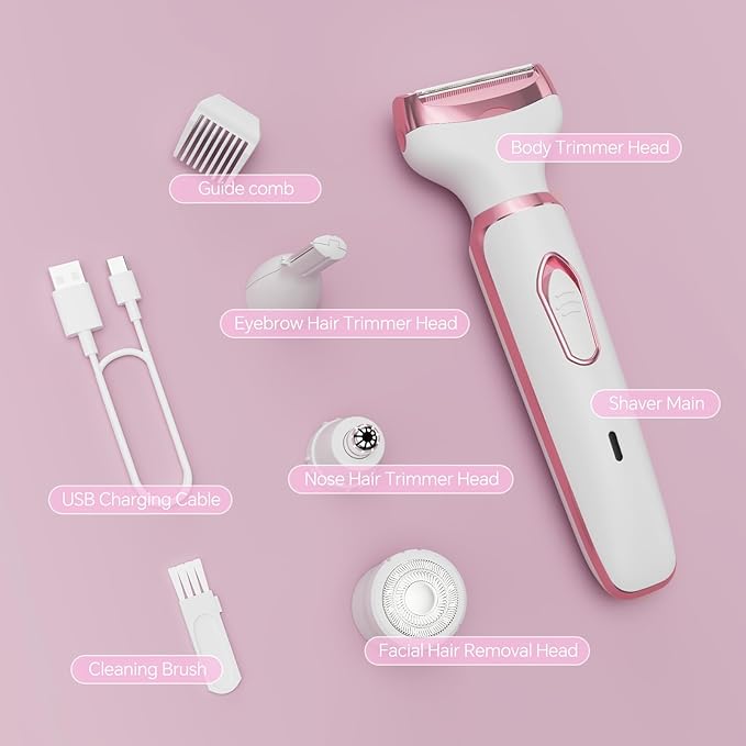Women's Electric Razor Bikini Trimmer, 4-in-1 Cordless Shaver for Face, Legs, Underarms, Pubic Hair – Wet/Dry Use, Painless Hair Removal