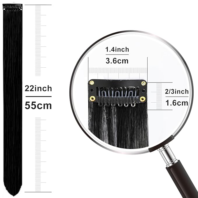 Colored Hair Extensions 14 PCS, 22 In Black and White Clip in Hair Extensions Party Highlights, White Black Long Straight Synthetic Hairpieces for Girls Women Kids Gift(Black White)