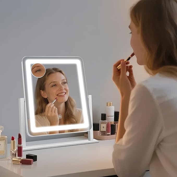 Vanity Mirror with Lights, 12.2"×15" Large LED Makeup Mirror with Light, HD Mirror, Smart Touch with 3-Color Lighting, Dimmable, 360° Rotation, Lighted Up for Vanity Desk Tabletop, Bedroom (White)