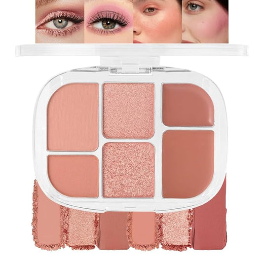 6-in-1 Cream & Powder Makeup Palette – Blush Highlighter & Eyeshadow, Matte & Shimmer Nude Tones, Travel-Friendly Compact for Daily & Travel Use 01