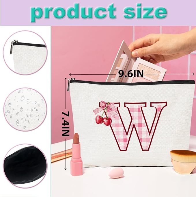 CQM Initial Makeup Bag Monogram Cosmetic Bag Monogrammed Gifts for Women Girls Friends Coworker Teacher Personalized Travel Toiletry Bag Christmas Bridal Shower Wedding Bridesmaid Gifts, Cherry W