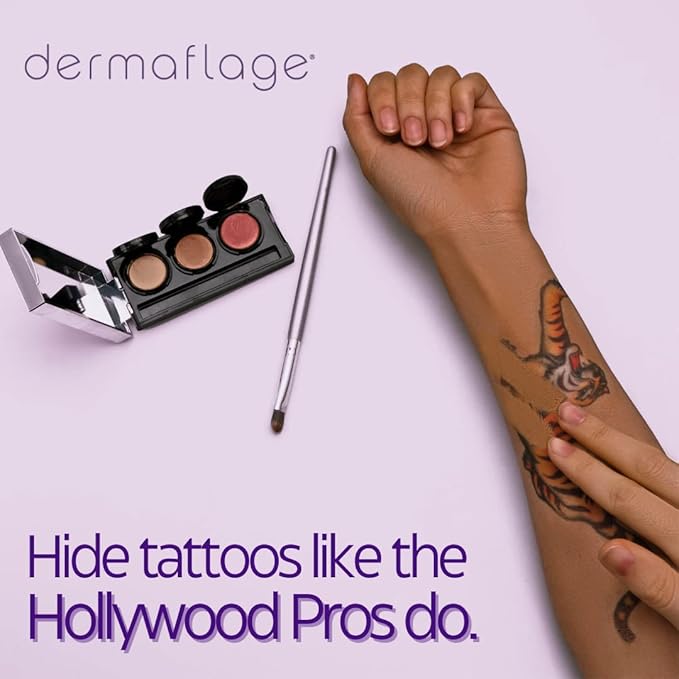 Dermaflage Tattoo Cover Up Makeup (Tan) - Bruise Full Coverage Concealer - Full Coverage Waterproof Concealer for Bruise, Scars & Acne - Smudge Proof Body Makeup Palette with 3 Pro SFX Shades + Brush