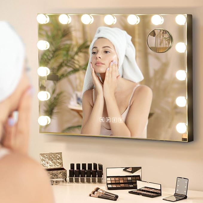 Hansong Bluetooth Black Vanity Makeup Mirror with Lights, Hollywood Mirror with 3 Color Lighting Modes 15 Dimmable LED Bulbs Large Vanity Mirror for Bedroom