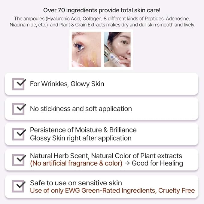 CQMONG Ampoule Facial Serum 1.69 fl oz for Glowy Skin, Hydrating, Wrinkles, Dark spot, Fleckles & Blemish/Hyaluronic Acid, Vitamin C, Collagen, Peptide, Niacinamide/Natural Herb Scent/Korean