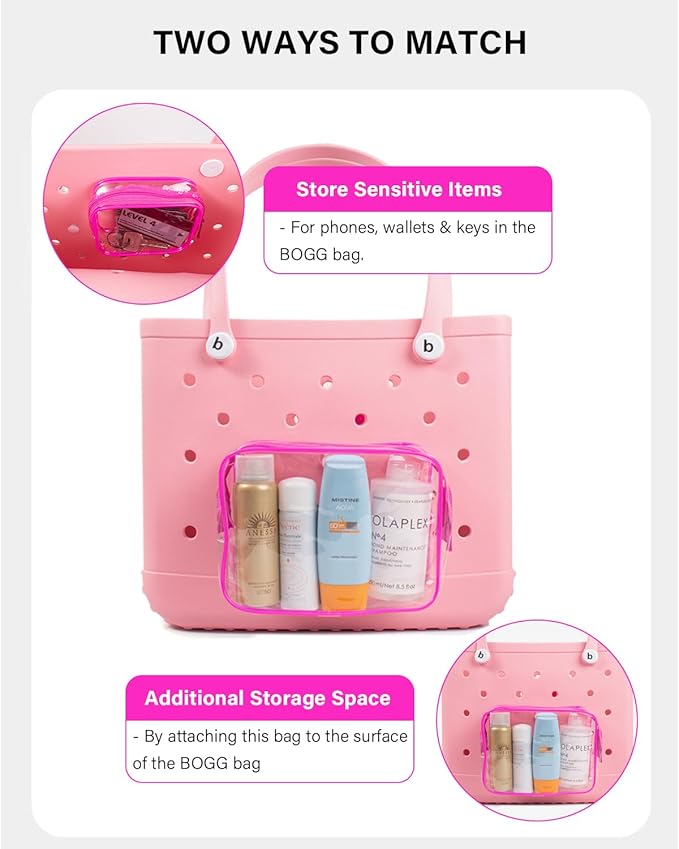 4 Pack Clear Toiletry Bags, Portable Travel Makeup Pouch with Zipper, TSA Approved Organizer, Clear Pouch Bags Compatible With Bogg Bag Divider Accessories (Pink, Pack of 8)