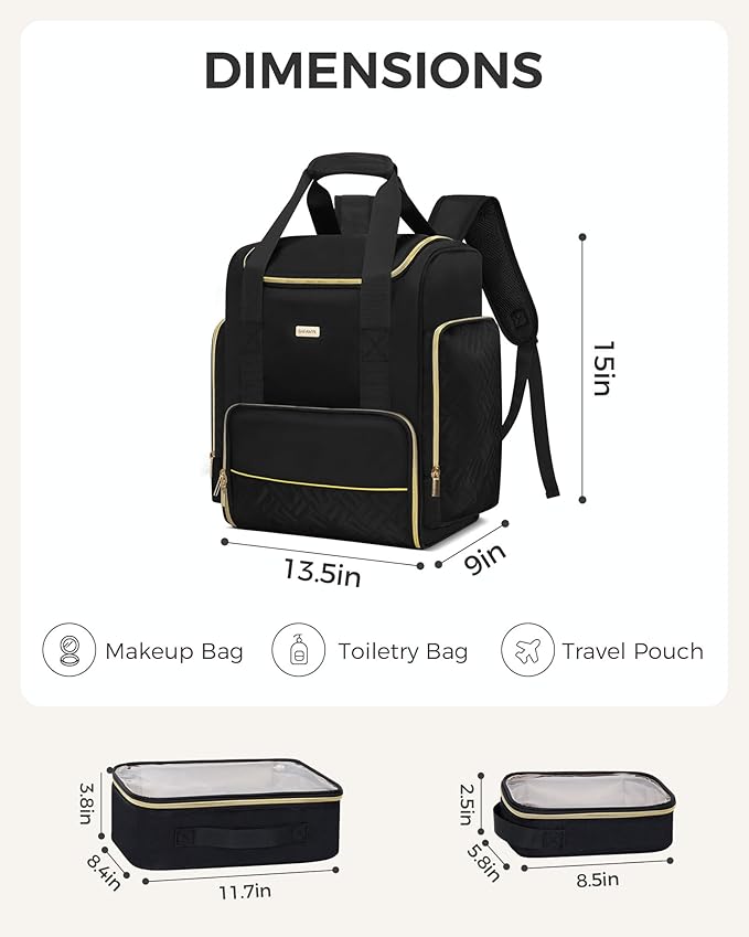 BAFAMYE Large Travel Makeup Bag with 2 Removable Case, Dual-Shoulder Multi-Functional Cosmetic Bag,Double Layer Big Capacity, Portable Toiletry and Skincare Storage Pouch Black