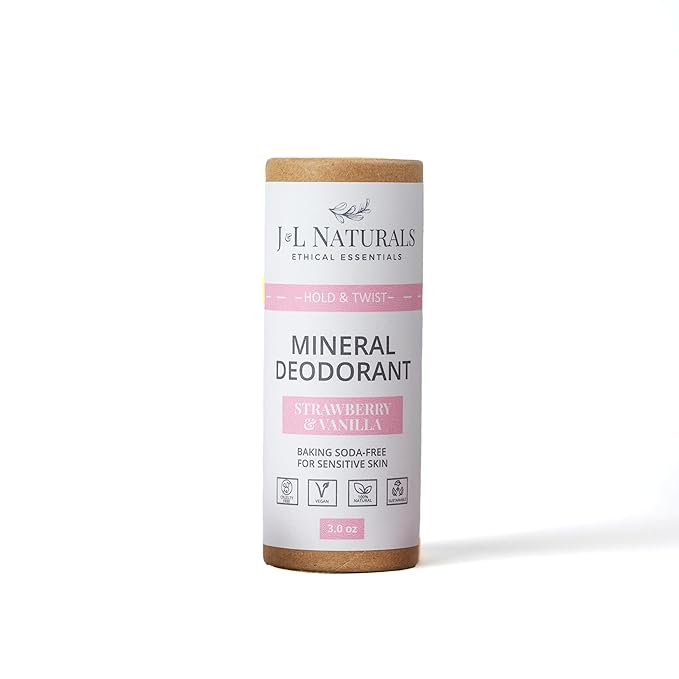 J&L Naturals Mineral Deodorant | Baking Soda-Free, 100% Natural, Sustainable | Sensitive Deodorant For Women & Men | Aluminum Free, Vegan, Cruelty-Free (Strawberry & Vanilla, 3 Oz (Pack of 1))