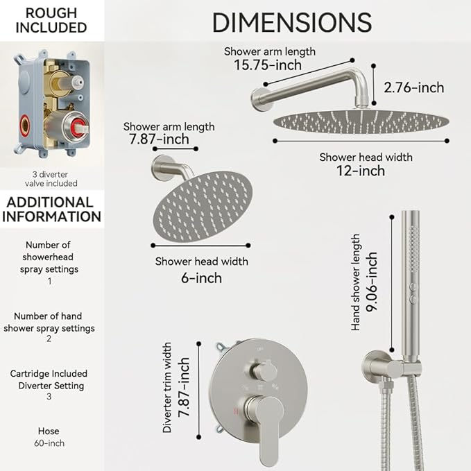 Shower Systems STARBATH 12+6" Round Dual Rainfall Shower Head with Handheld Spray for Two People, Wall Mounted 3 Way Rain Shower Faucet Sets Complete, Included Valve and Trim Kit, Brushed Nickel
