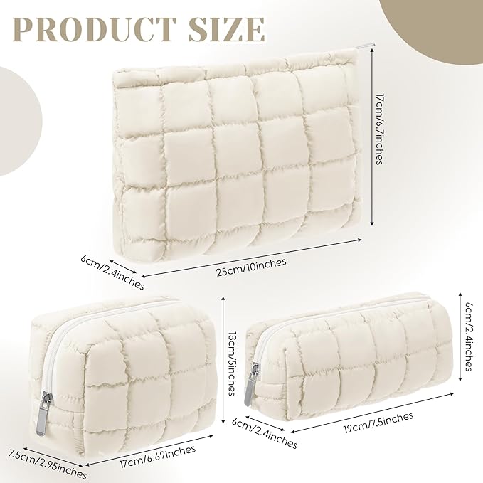 Huhumy 3 Pcs Puffy Makeup Bag Quilted Cosmetic Pouch for Women Cute Checkered Travel Toiletry Bag Puffer Makeup Organizer Purse Pouch Preppy Pencil Case with Zipper