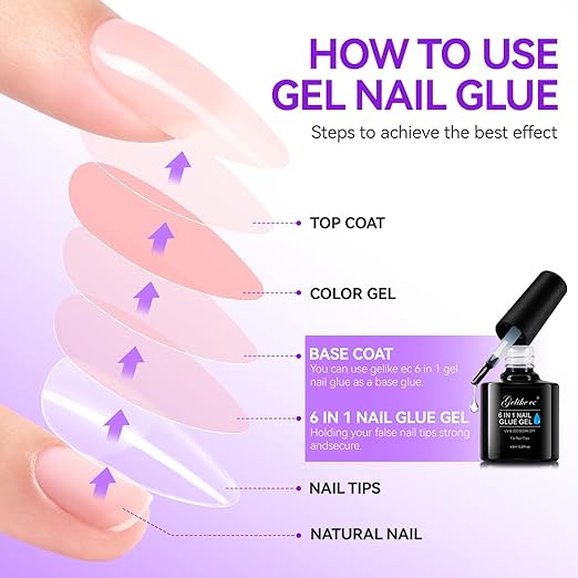 gelike ec 6 in 1 Nail Glue Gel: 2 Pcs Gel Nail Polish for Press on Nails - Nail Glue Strong Easy and Long Last for False Acrylic Tip - Base Coat for Salon Home Polish