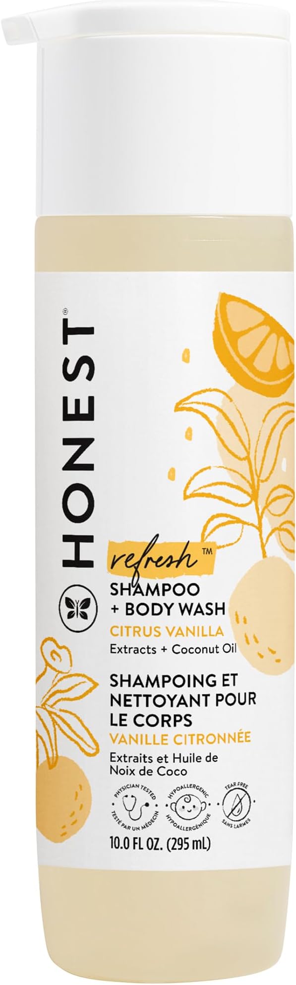 The Honest Company 2-in-1 Cleansing Shampoo Body Wash, Gentle for Baby, Naturally Derived, Tear-free, Hypoallergenic, Citrus Vanilla Refresh, 10 fl oz