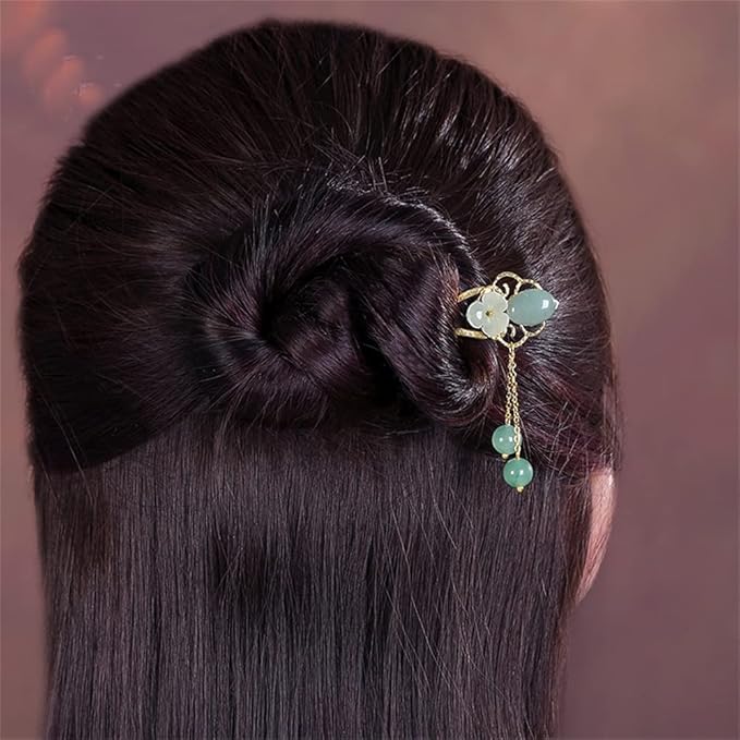 Jade Flower Hair Pins Women Girls Hair Stick,Retro Hanfu U Shape Chopsticks Hair Styling Hair Making Accessories Headwear 3.5inch