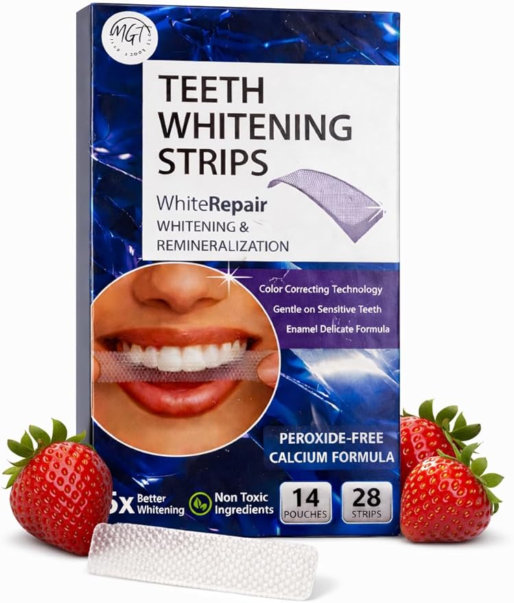 Teeth Whitening Strips, Strawberry Flavor Inspired, Comfort Fit Adhesive, Fresh Taste, 28 Strips in 14 Sealed Pouches, at Home Smile Brightening Routine