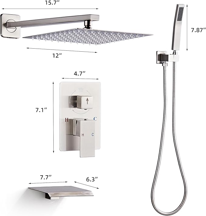 LCEVCGK Shower Faucet Set with Tub Spout, Brushed Nickel Rainfall Shower System Complete Wall Mounted for Bathroom with 12 Inch Square Shower Head and Handheld Shower Head Rain Mixer Combo Set