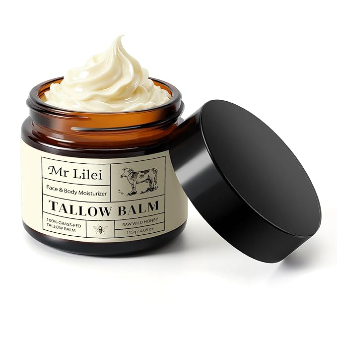 Beef Tallow for Skin, Grass-Fed Beef Tallow Balm, Beef Tallow Cream, Face & Body Moisturizer Restores Skin Barrier, Soothes Dry Sensitive Skin, Beef Tallow Honey Balm Whipped with Beeswax & Olive Oil