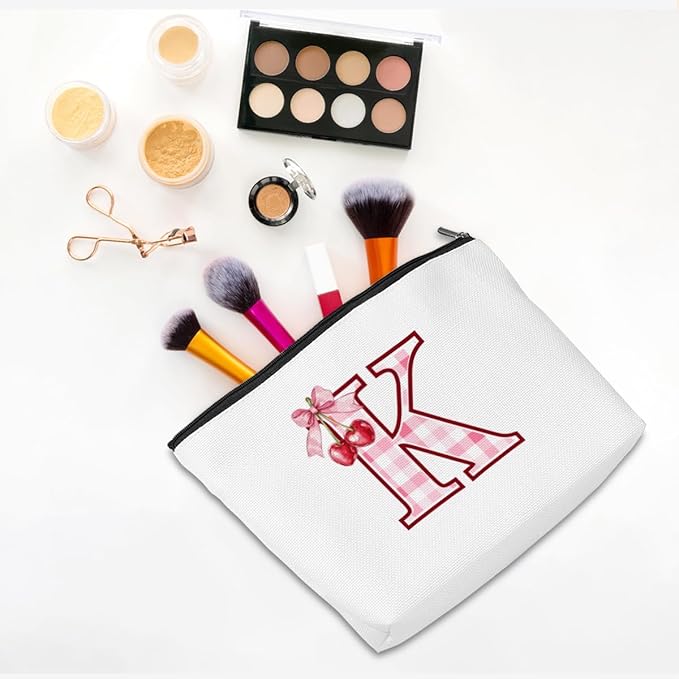 CQM Initial Makeup Bag Monogram Cosmetic Bag Monogrammed Gifts for Women Girls Friends Coworker Bestie Personalized Travel Toiletry Bag Christmas Bridal Shower Wedding Bridesmaid Gifts, Cherry K