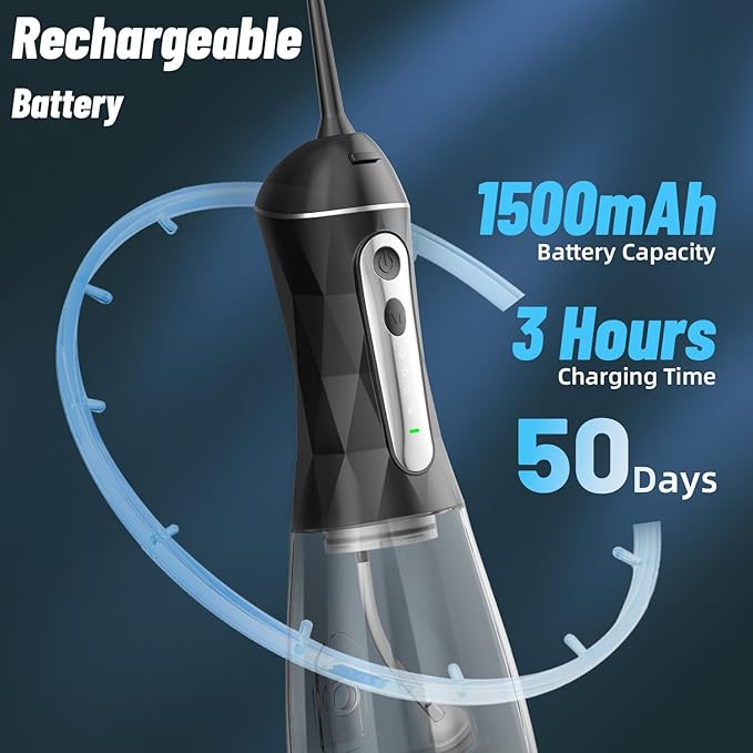 Water Dental Flosser Teeth Pick: Portable Cordless Oral Irrigator 320ML Rechargeable Travel Irrigation Cleaner IPX7 Waterproof Electric Flossing Machine for Teeth Cleaning (Black)