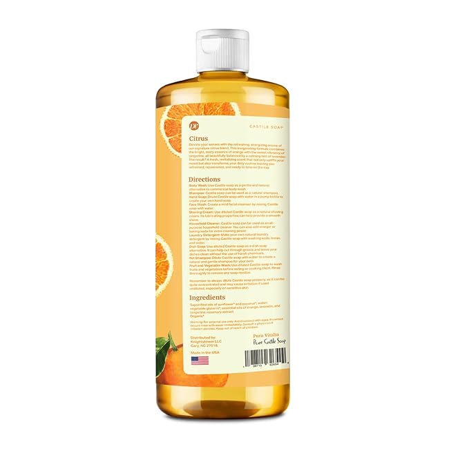 Pura Vitalia Citrus Organic Castile Soap | Body Wash & Cleanser for Face & Hands | Biodegradable, Eco-Friendly, Palm Oil Free, Vegan & Gentle | Made with 6 Natural Ingredients - 32 oz