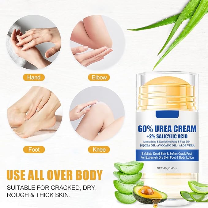 2Pcs Urea 60% Moisturizer and Anti-Cracking Foot Cream,Intensive Repair Dry Cracked Skin,Urea Heel Stick Balm,Hands,Heels,Elbow and Knees,Softens Hydrating Nourish Foot Care for Women and Men