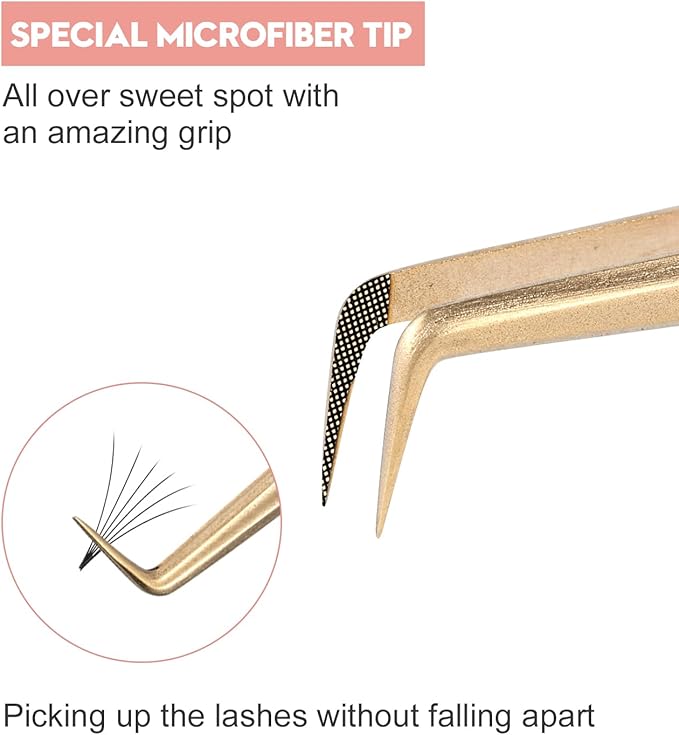 Ms.Queen Eyelash Tweezers for Extensions,Professional 3Pcs Fiber Tip L-Shaped Boot Volume Curved Lash Tweezers Set