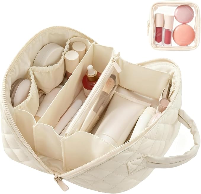 IrisCargo Makeup Bag for Woman, Travel Makeup Bag, Wide Open Lay-Flat Water-Resistant Cosmetic Case, Puffy Padded Organizer for Toiletries & Brushes Large Capacity with Compartments (White)