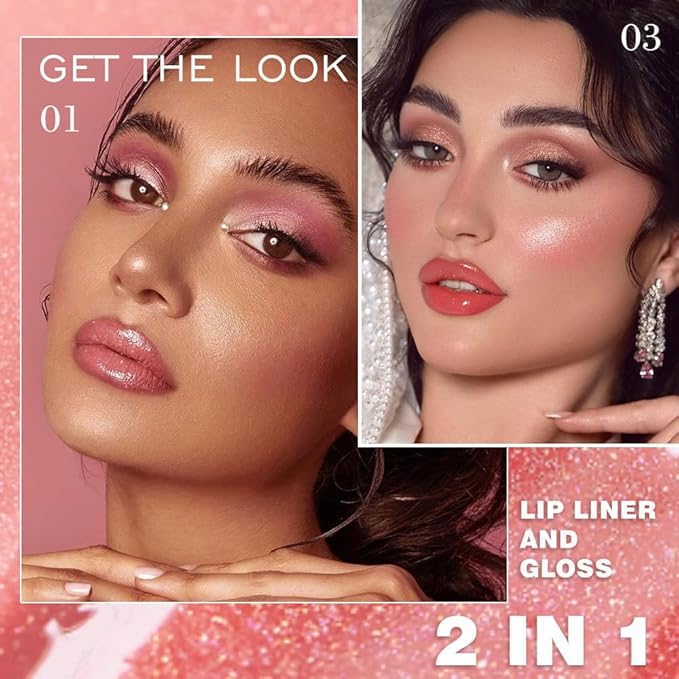 BINGBRUSH 2PCS Lip Gloss Set, Glitter 2-in-1 Lip Liner & Gloss Combo, Hydrating Lip Plumper Lifter, Easy-to-Apply Lip Tint for Daily, Work & Party, Women's Makeup