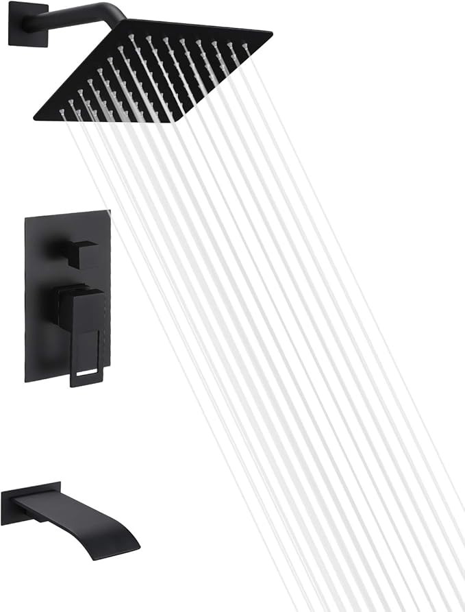 sumerain Black Tub and Shower Faucet Set with Anti-scalding Pressure Balance Valve, Waterfall Tub Spout and 8 Inch Rain Shower Head