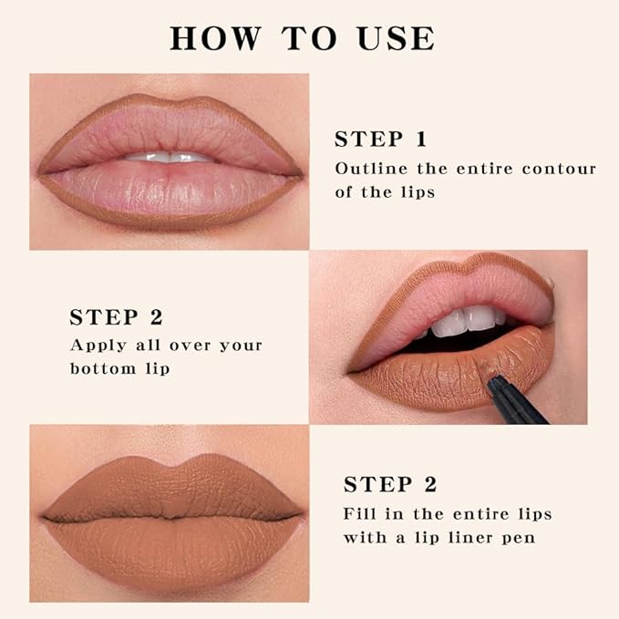 evpct Longwear Liquid Lip Liner Stain Marker Pen Long Lasting Waterproof, Nude Brown Matte Semi Permanent 24 Hour Lip Liner and Lipstick Combo, Korean Color Stay Lipliner All Day, Lips Stain peel off