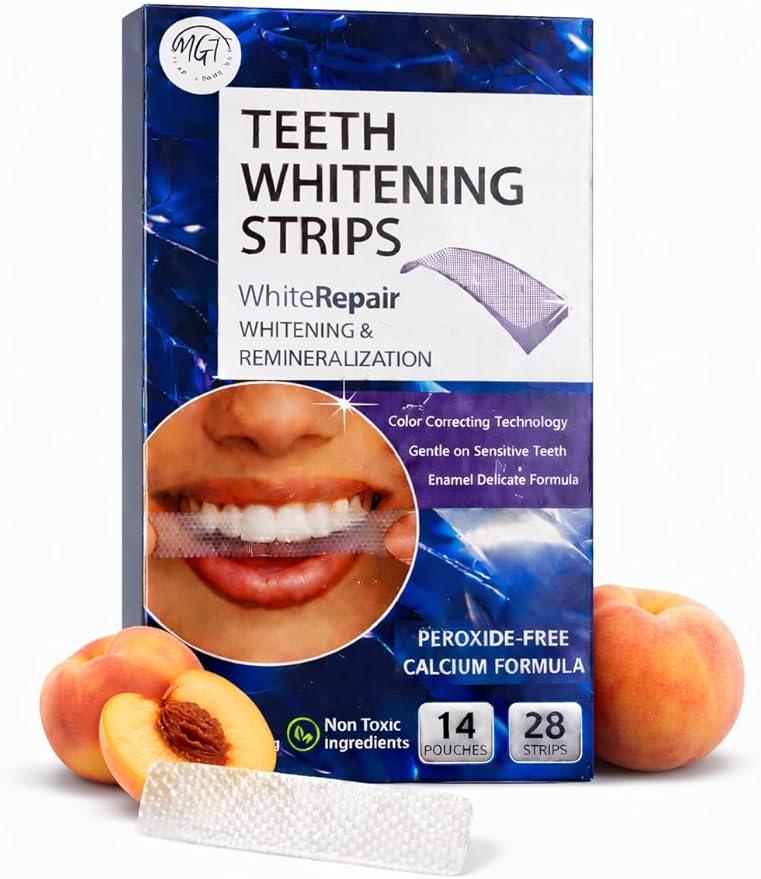 Teeth Whitening Strips, Peach Flavor Inspired, Comfort Fit Adhesive, Fresh Taste, 28 Strips in 14 Sealed Pouches, at Home Smile Brightening Routine