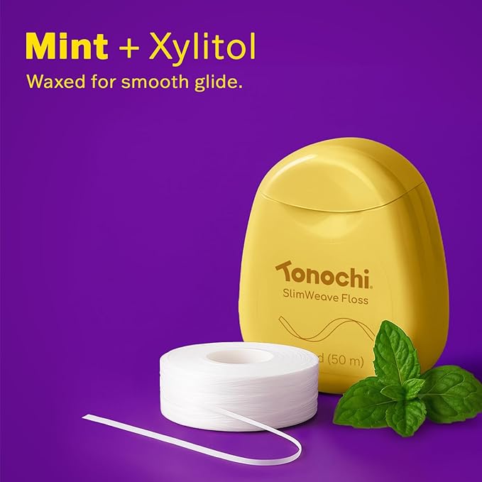 Tonochi SlimWeave Flat Dental Floss for Tight Teeth & Tight Spaces – Extra Thin, Smooth-Glide, Gentle on Gums, Mint + Xylitol, 3-Pack (50 m Each)