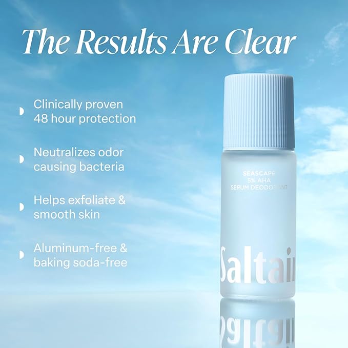 Saltair Serum Deodorant Seascape 2 Pack. 5% AHA Formula. Lactic Acid and Mandelic Acid Deodorant. Aluminum Free Odor Control for Women and Men. Travel Essentials, 2x 1.7oz Roll On