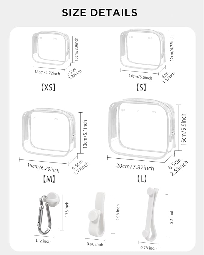 4 Pack Clear Toiletry Bags, Portable Travel Makeup Pouch with Zipper, TSA Approved Organizer, Clear Pouch Bags Compatible With Bogg Bag Divider Accessories (White, Pack of 8)