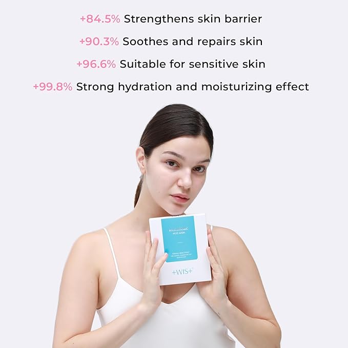 +WIS+ Hyaluronic Acid Face Mask 24 EA with Hyaluronic Acid Serum and Vitamin B5, Facial Mask for Dry Skin, Anti-Aging Mask to Plump and Repair Dehydrated Skin, Safe on Sensitive Skin,gifts for women