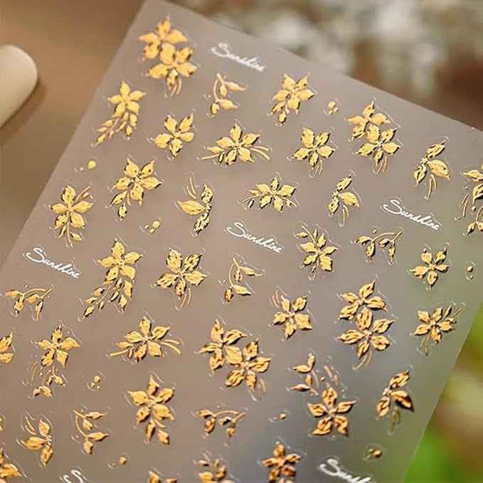 Gold Flower Nail Art Stickers 5D Embossed Spring Nail Stickers for Nail Art Summer Gold Nail Decals Flower Nail Art Design Supplies for Women Girl Spring DIY Manicure Decoration Accessories