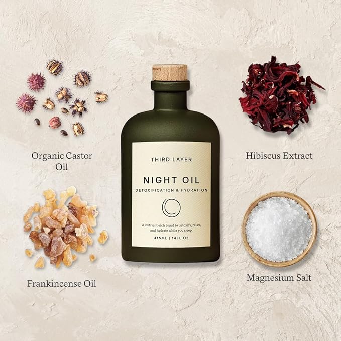 Third Layer Night Oil – 100% Organic Cold-Pressed, Hexane-Free, Extra Virgin Castor Oil with Magnesium & Frankincense, Body Serum for Skin Hydration & Evening Self-Care (14 fl oz)