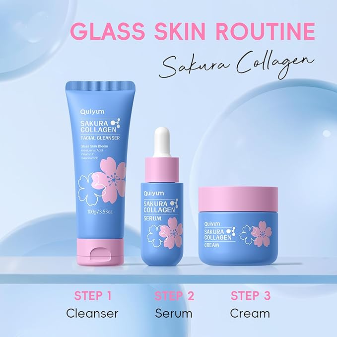 Sakura Collagen Skin Care Set - 5pcs Skincare with Facial Cleanser, Serum, Cream, Pink Facial Brush, Bunny Hair Band & Makeup Bag, Deep Cleansing, Hydrating, Firming, Even Tone, Radiance