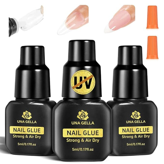 UNA GELLA Fast Drying Super Strong Nail Glue for Press Ons(5ML*3PCS) Acrylic Nails Tips No U/V Light Needed Press On Nail Glue Salon Quality Professional Nail Glue Home DIY with Opener, Drip Use
