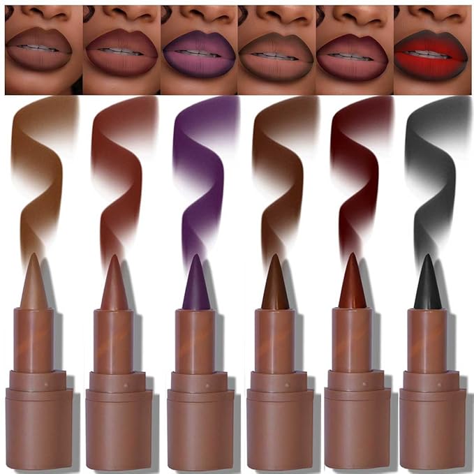 6PCS 2-in-1 Gradient Lip Liner and Lipstick Lip Combo Set - Achieve Flawless Contour and Gradual Ombre Effect with Easy-to-Use Crayon Form and Cone Tip, Dark Brown Black Lip Liner Set