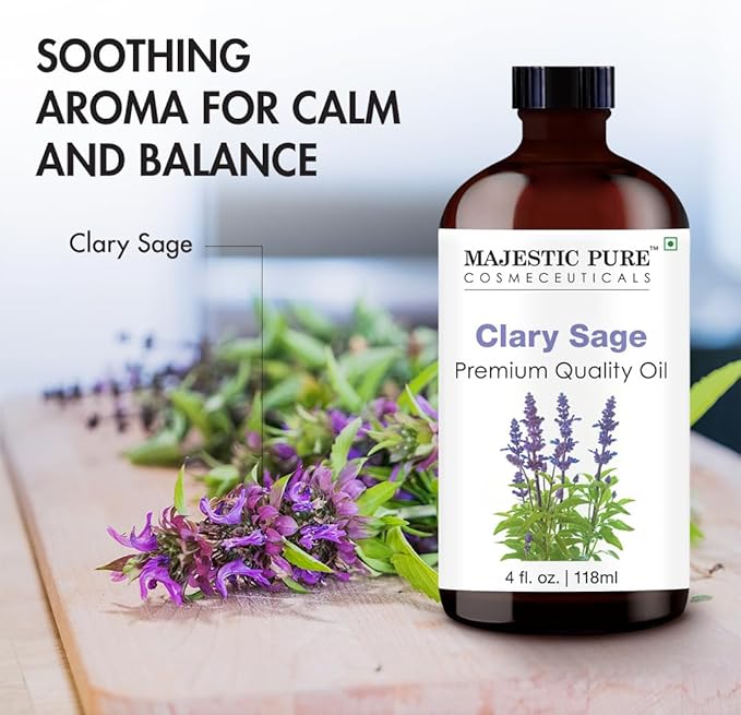Majestic Pure Essential Oil with Glass Dropper - 100% Pure and Natural - Essential Oils for Diffuser, Aromatherapy, Soap and Candle Making, Clary Sage Essential Oil, Clary Sage Oil, 4 Fl Oz