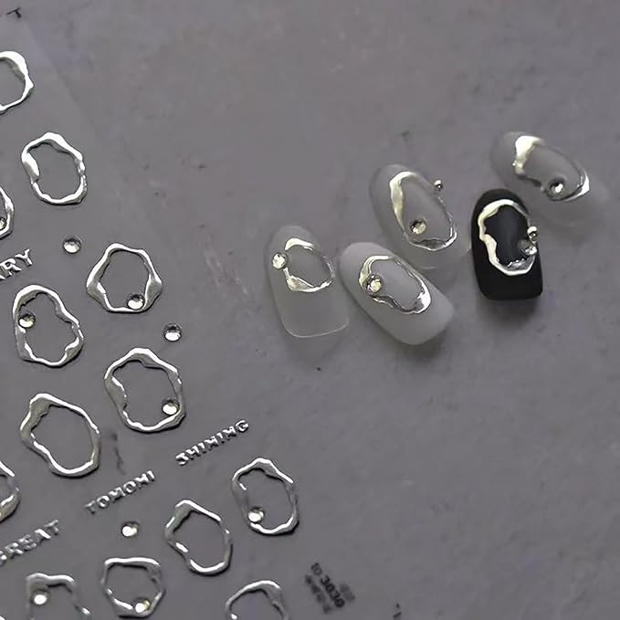 5D Embossed Rhinestones Nail Art Stickers,Gold Crystal Soft Glue Irregular Geometric Frames Nail Decals,Nail Stickers Silver Hollow Design,Self Adhesive Acrylic Nails Supplies for Women