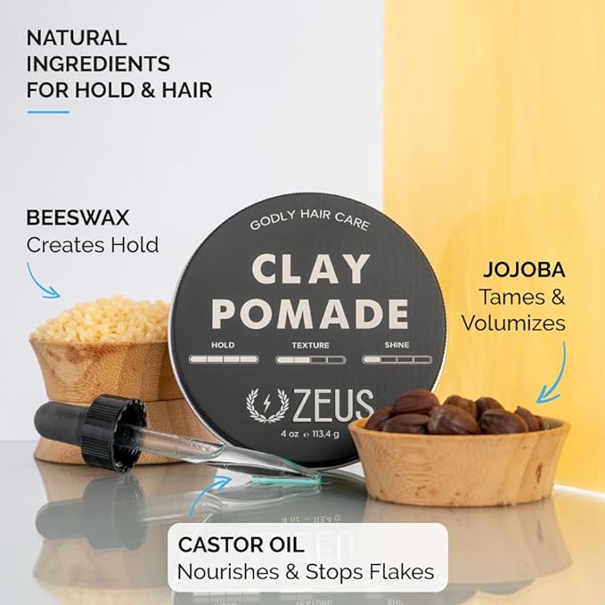 ZEUS Clay Pomade for Men, Matte Finish, Water Soluble & Extra Firm Hold Hair Styling Clay Pomade – MADE IN USA (4 oz.)