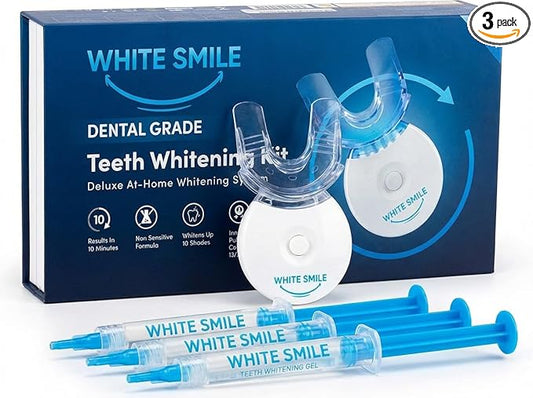 White Smile Teeth Whitening Kit with LED Light System, 35% Carbamide Peroxide, 3 Gel Syringes, Mouth Tray, 10-Minute Treatment, Non-Sensitive Formula, Stain Removal, Whitens up to 10 Shades in 7 Days
